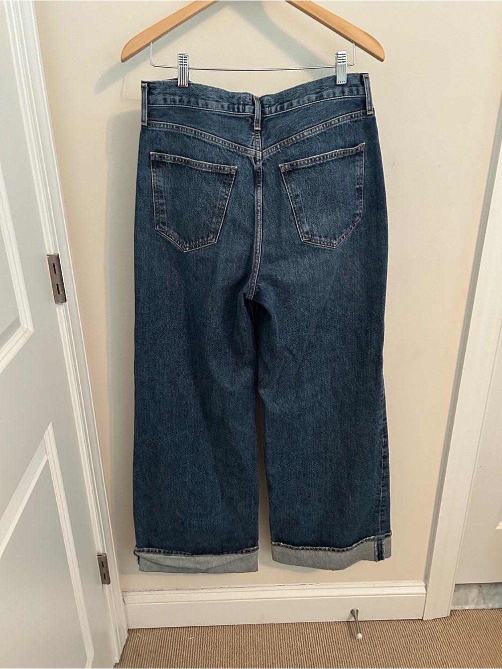 Agolde Dame Wide Leg Cuffed Jeans Tagged Size 28 Fit Size 30 Dark Wash - Picture 2 of 9